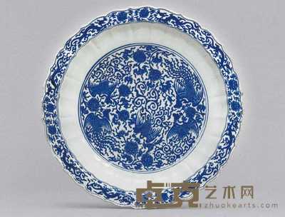 康熙 青花凤纹花口盘 宽37.8cm